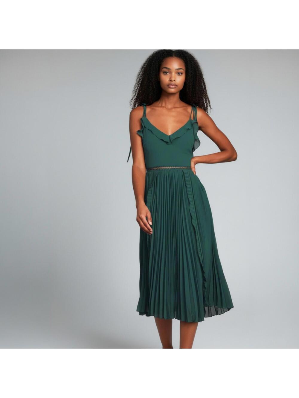 Lulus Never A Dull Moment Women's Emerald Green Pleated Midi Dress Size XXS